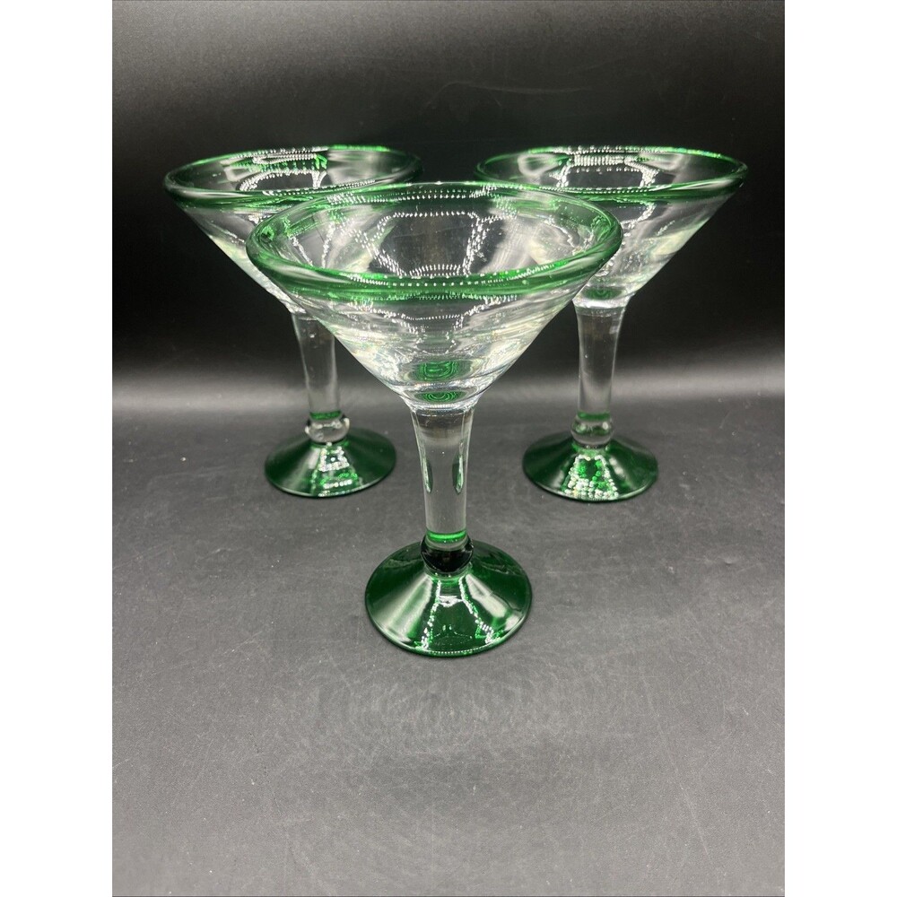 Set of 3 Mexican Martini Bubble Glass clear  w/Emerald Green Trim  8  Ounce